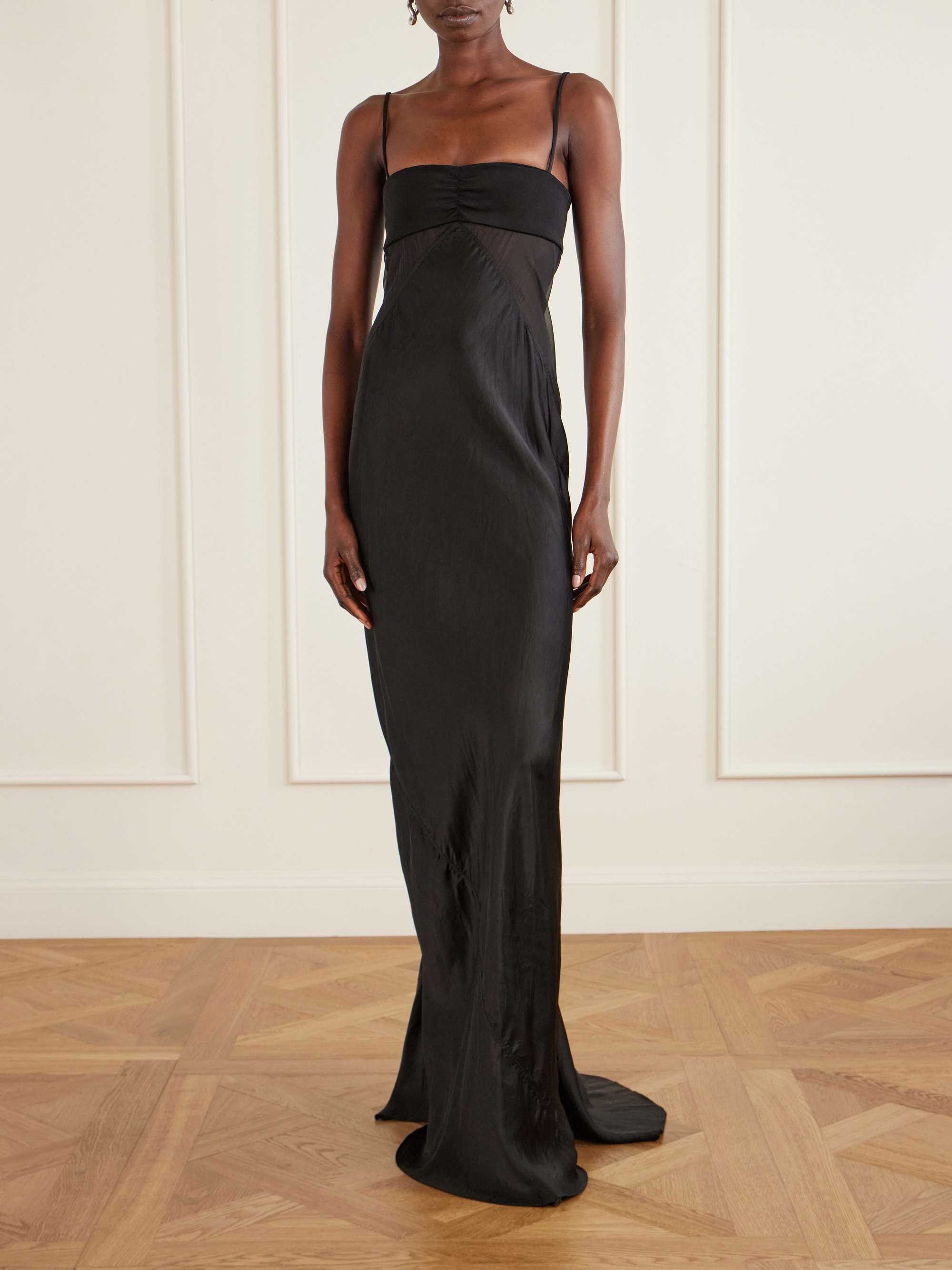 Tulle-Paneled Satin Maxi Dress