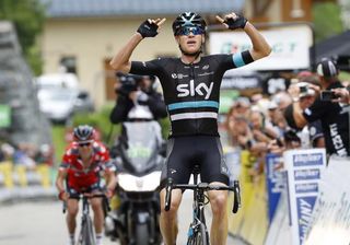 Chris Froome celebrates winning stage 5 at the Criterium du Dauphine
