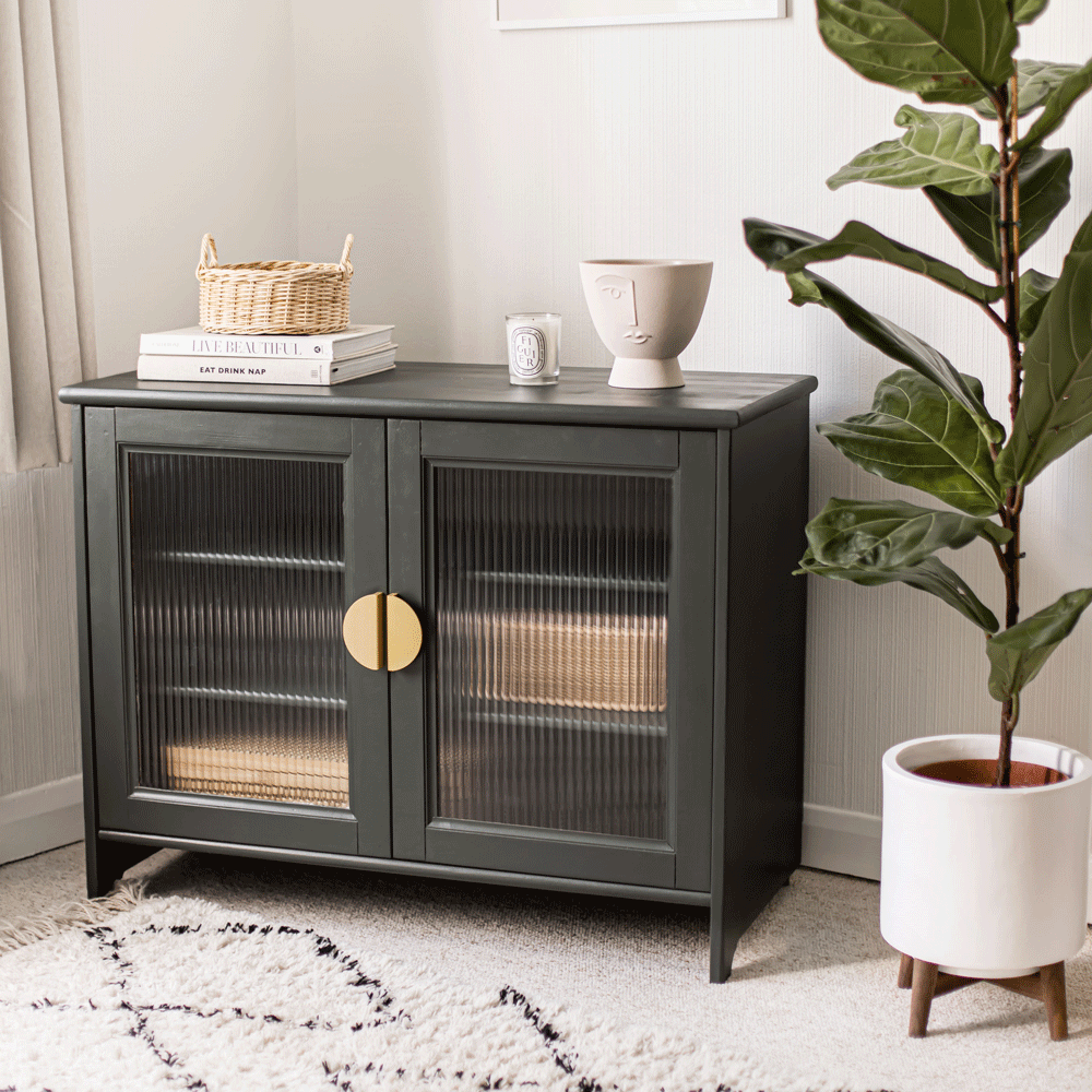 Dark grey storage unit with glass doors