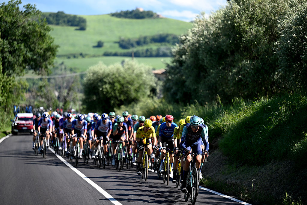 FERMO, ITALY - MAY 16: A general view of the peloton competing during the 109th Giro d&amp;amp;apos;Italia 2026, Stage 8 a 156km stage from Chieti to Fermo 315m / #UCIWT / on May 16, 2026 in Fermo, Italy. (Photo by Tim de Waele/Getty Images)