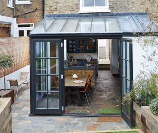 crittall style kitchen extension on an industrial kitchen