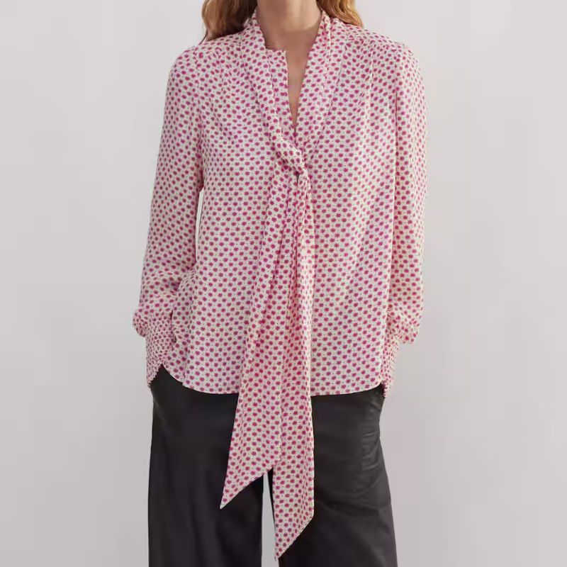 Silk Daisy Polka Dot Print Pussybow Blouse