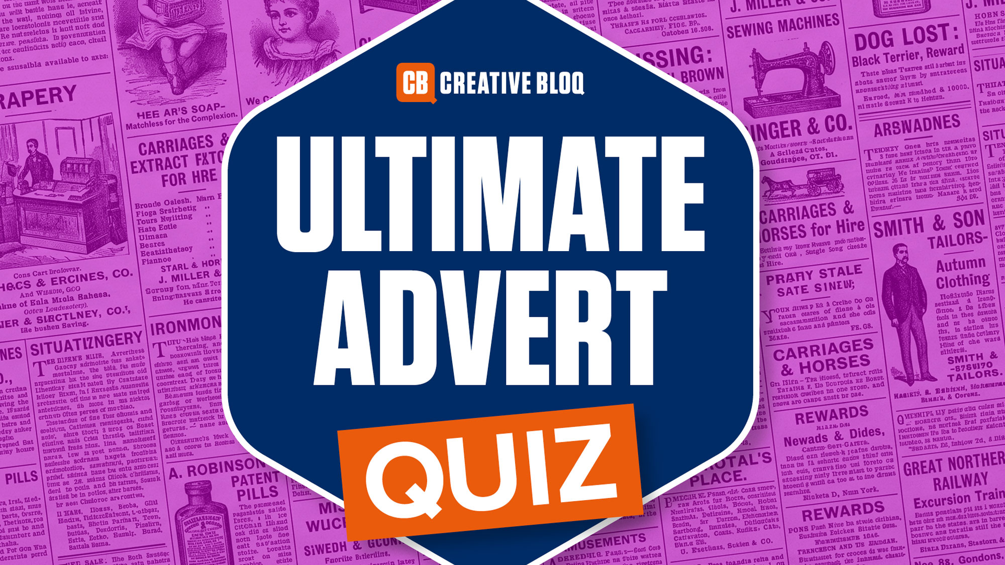 Ultimate advert quiz on purple background with newspaper ads in the background