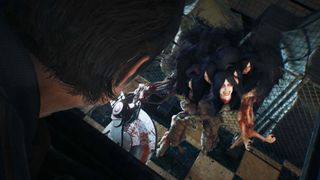 Все бесплатные игры в Epic Games Store 2 Free Epic games — In The Evil Within 2, player character Sebastian Castellanos looks down on a mutated boss enemy, which appears to be a pile of women mashed into one being.