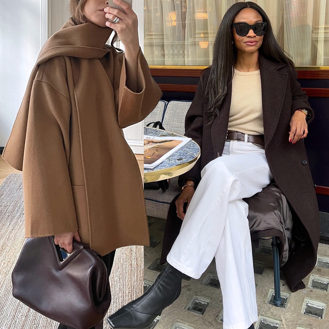 style influencers Johanna Piispa and Lorna Humphrey poses in chic winter 2025 2026 outfit ideas featuring a camel scarf coat, burgundy bag, brown coat, butter yellow sweater, brown belt, white jeans, and black square-toe boots