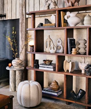 MCM open-shelving unit in rich wood, styled with books and organic shaped, sculptural vases and objet.