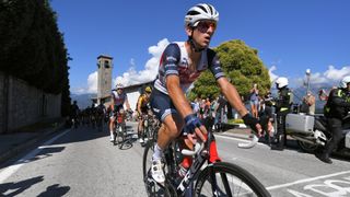 Giulio Ciccone of Italy cycles past the Madonna del Ghisallo in white and blue lycra on the Il Lombardia race.