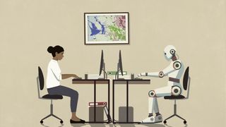 Woman and robot at work.