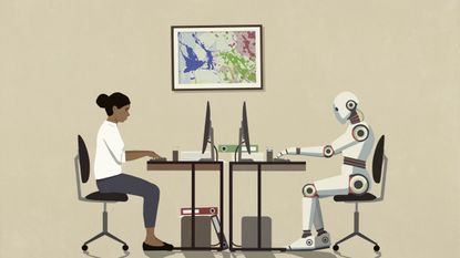 Woman and robot at work.