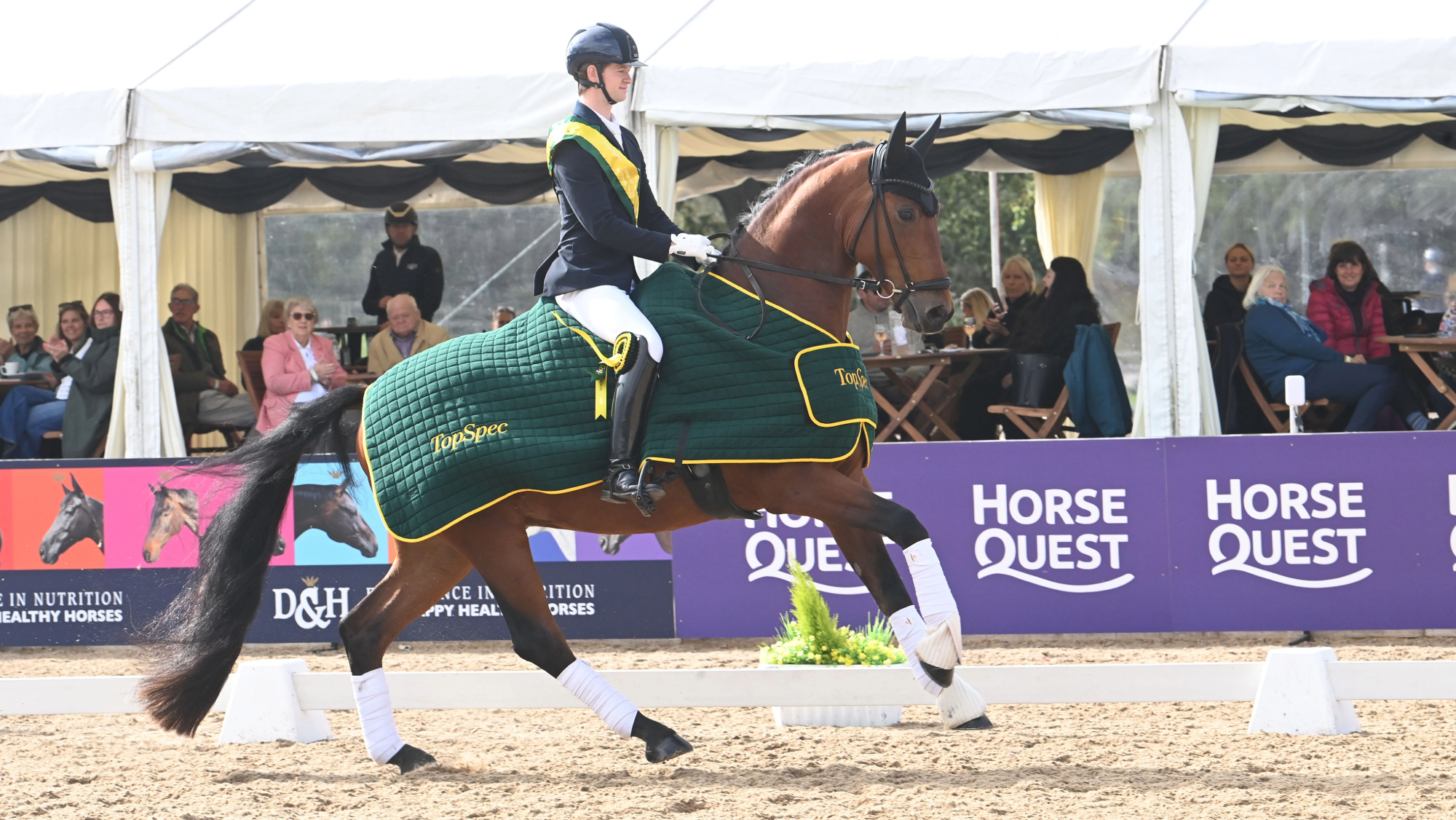 A rider in a black show jacket and hat riding a light bay horse wearing bandages and a green winners rug with yellow trim during a prizegiving at the national dressage championships