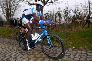 NINOVE BELGIUM MARCH 02 Teniel Campbell of Trinidad Tobago and Team UCI Centre Mondial Du Cyclisme Cobblestones during the 13th Omloop Het Nieuwsblad 2019 Women a 1229km race from Gent to Ninove OmloopHNB Flanders Classic on March 02 2019 in Ninove Belgium Photo by Luc ClaessenGetty Images