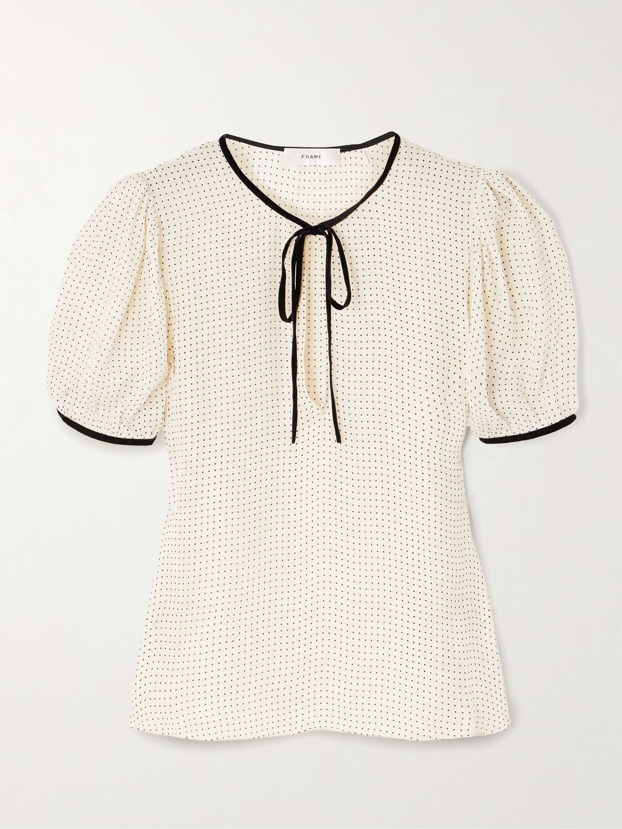 Velvet-Trimmed Polka Dot Silk-Chiffon Blouse