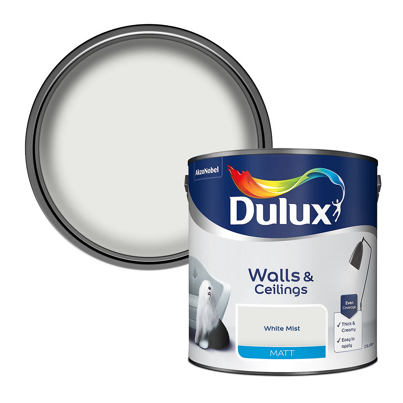 Dulux Walls &amp;amp; Ceilings White mist Matt Emulsion paint, 2.5L