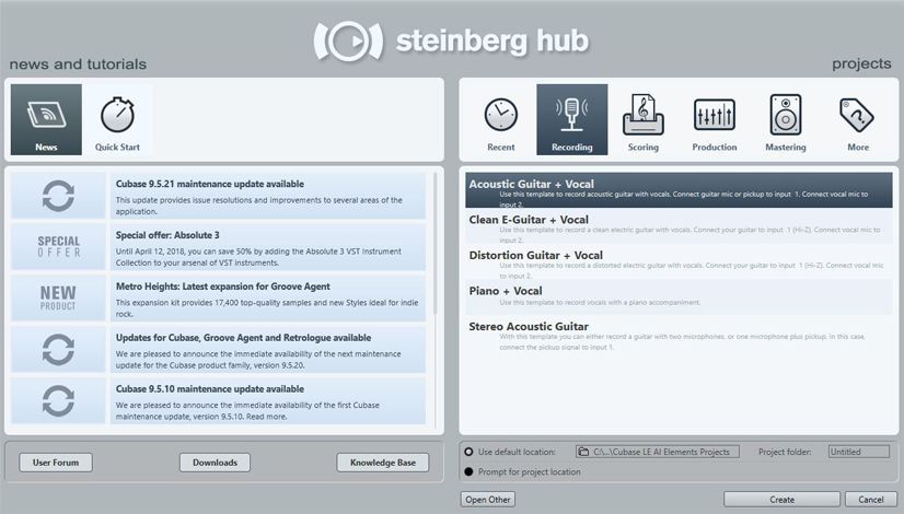Cubase has session templates for recording, scoring and mastering.