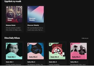 En skärmdump på en Spotify-profil med en överblick på förslag Daily Mixes.