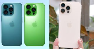 A side by side of leaked renders of the iPhone 17 Pro in two colorways and the iPhone 16 Pro