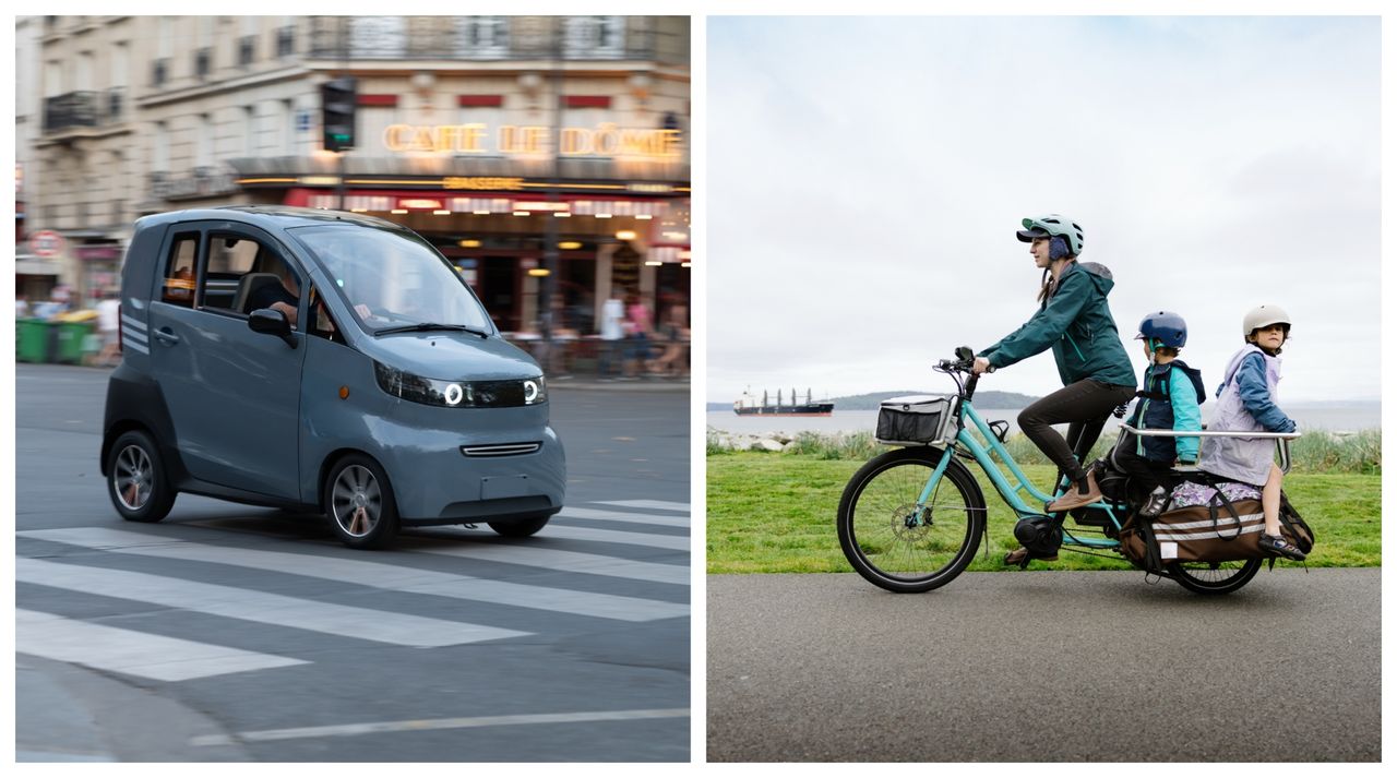 A DoGood Zero quadricycle (L) and an electric cargo bike (R)