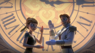 Anna and Hans dancing in front of a clock in Love Is An Open Door Frozen song