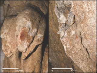 Intentionally broken and painted cave formations called speleothems, with some pigment remnants on the fractures in the Croatia cave.