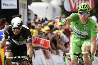 Edvald Boasson Hagen reacts to taking third in stage 11 at the Tour de France