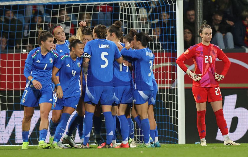  Sofia Cantore of Italy celebrates with teammates after scoring her teams second goal, Goalkeeper Ena Mahmutovic of Germany looks dejected during the Women&#039;s international friendly between Germany and Italy at Vonovia Ruhrstadion on December 2, 2024 in Bochum, Germany. 