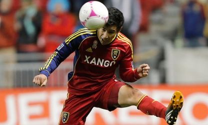 Tony Beltran of Real Salt Lake heads the ball during a game against the Vancouver Whitecaps on Oct. 27 in Utah