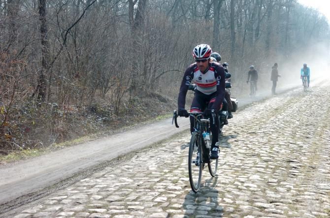 Fabian Cancellera (RadioShack Leopard) rides through Arenberg prior to his crash during Paris-Roubaix reconnaissance