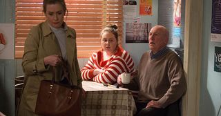 Later, father and daughter bump into Bernadette in the cafe - but Judith walks out when he fusses over Bernie.