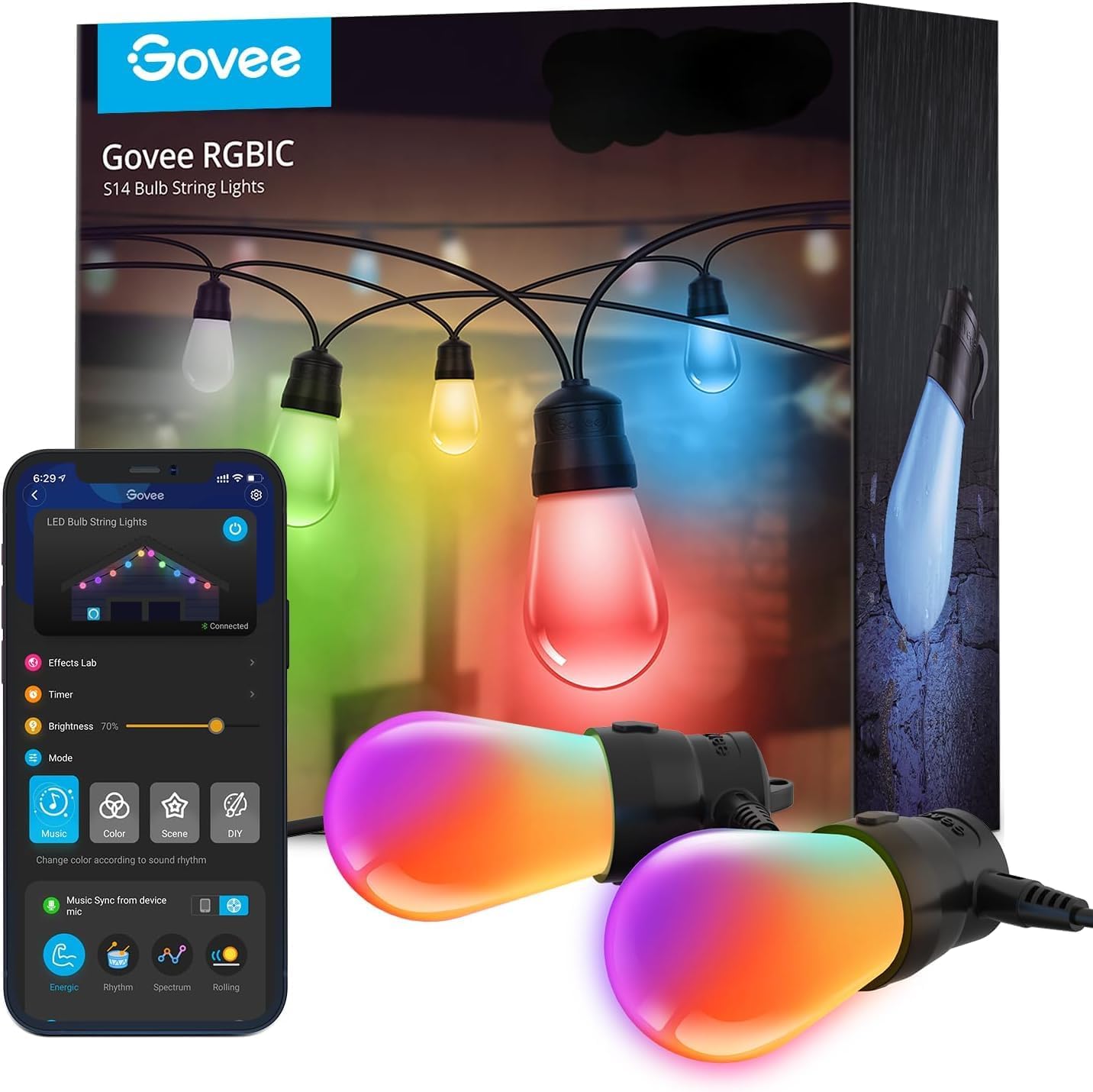 Govee Smart Outdoor String Lights H7015, 48ft Rgbic Outdoor Lights With 15 Dimmable Led Bulbs, Ip65 Waterproof, Color Changing Warm White Lights With 47 Scene Modes for Patio, Backyard, App Control