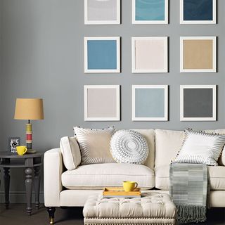 living room with colourful wall art frames