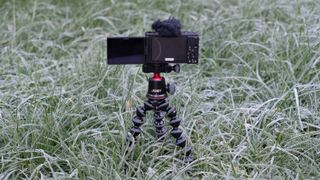 Sony ZV-F1 on a tripod in the middle of a frozen field