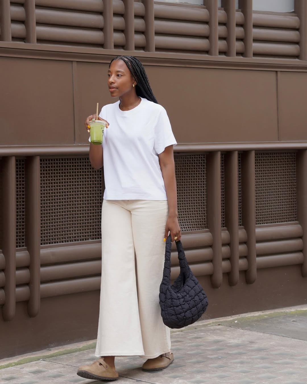 Taffy in Birkenstocks and wide-leg jeans