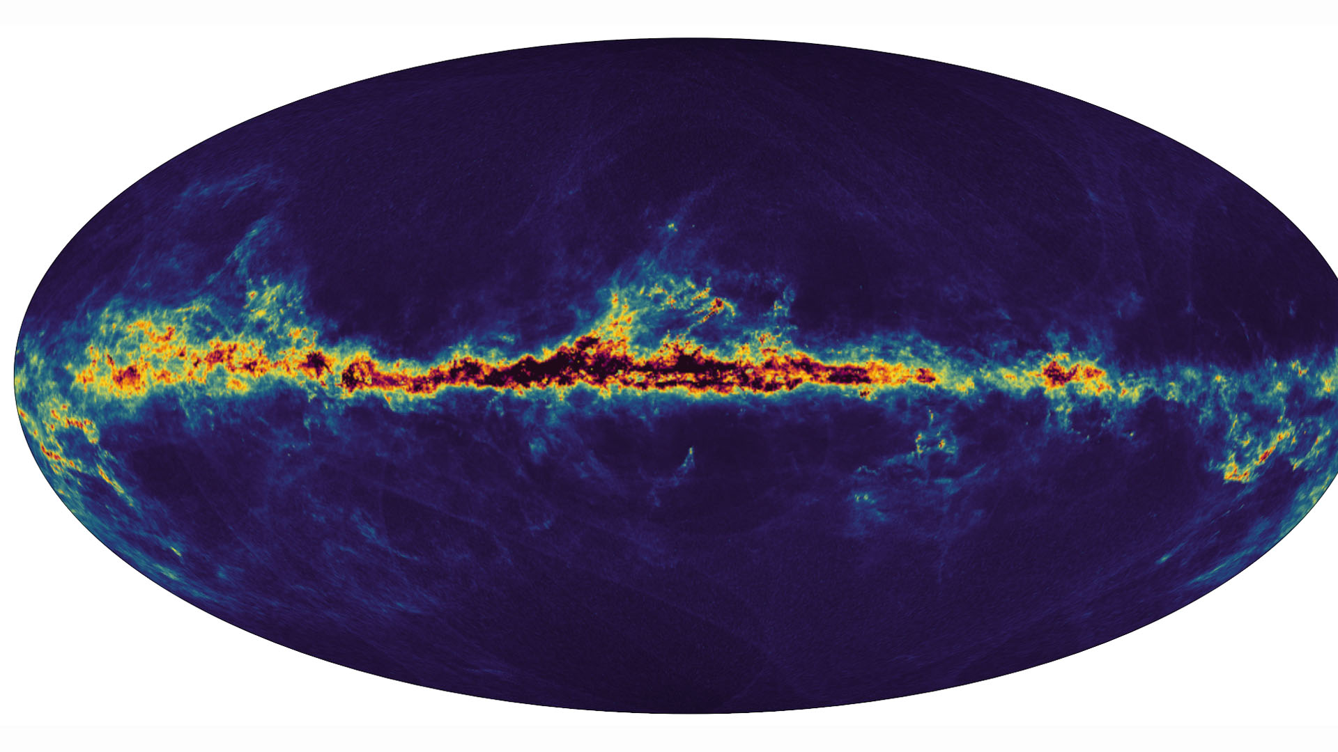 A map showing the distribution of interstellar dust in our galaxy, the Milky Way, based on measurements by the European Gaia mission.