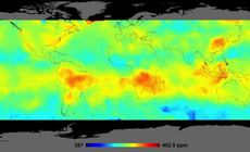 Average carbon dioxide concentrations, from Oct. 1 to Nov. 11, 2014, measured by the Orbiting Carbon Observatory-2 satellite. 