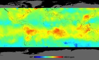 Average carbon dioxide concentrations, from Oct. 1 to Nov. 11, 2014, measured by the Orbiting Carbon Observatory-2 satellite. 