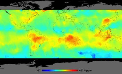 Average carbon dioxide concentrations, from Oct. 1 to Nov. 11, 2014, measured by the Orbiting Carbon Observatory-2 satellite. 