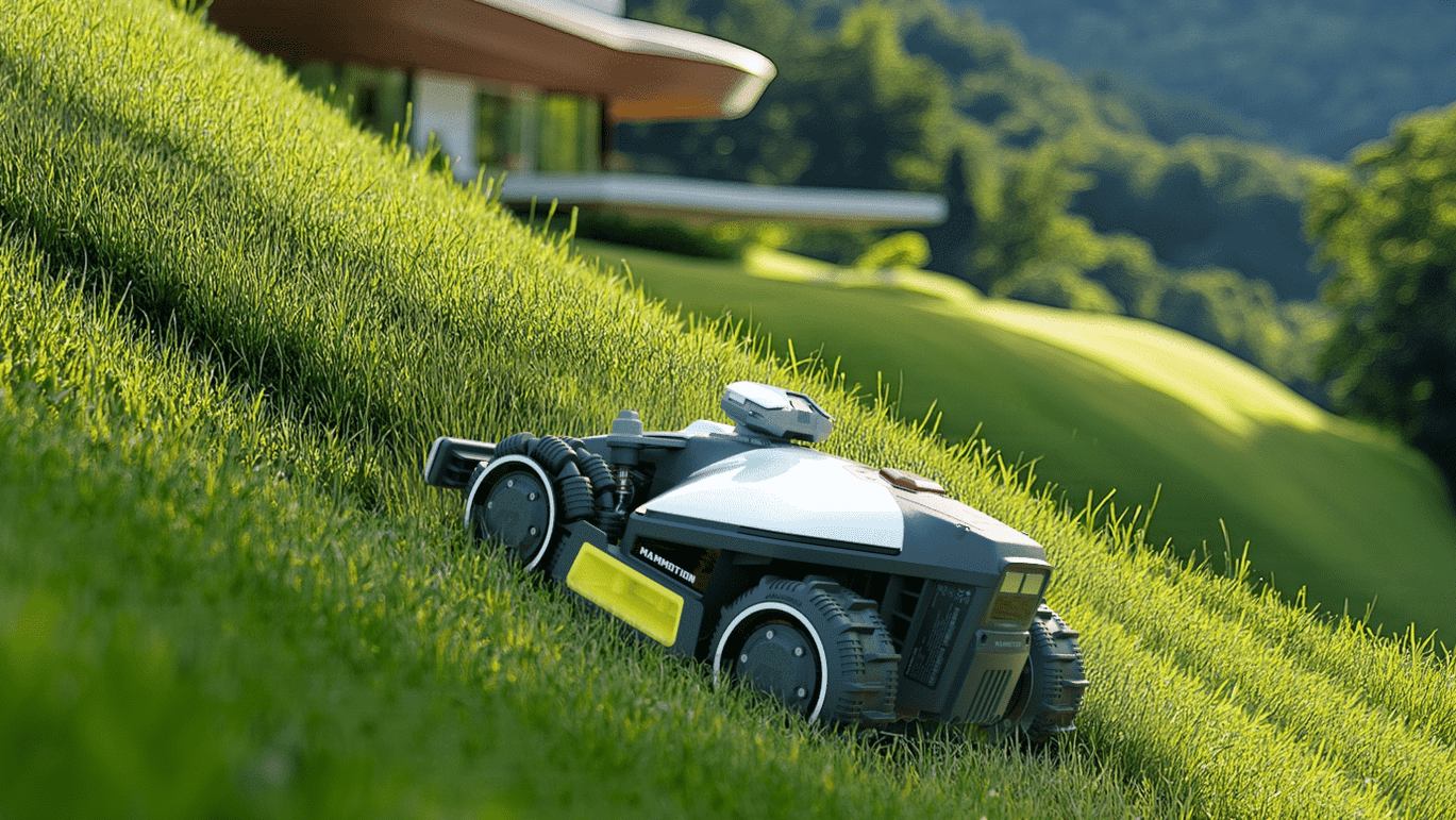 Mammotion Luba Mini AWD 800 lawnmower going up a sloped hill.