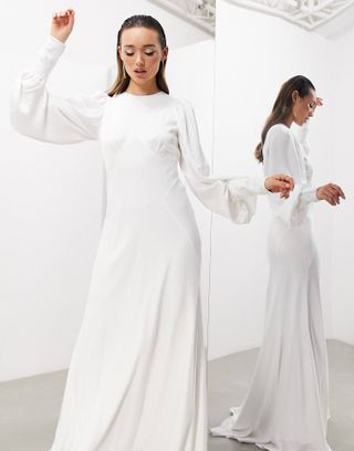 Asos Design Lucinda Satin Blouson Sleeve Maxi Wedding Dress With Seam Details and Cut Out Back in