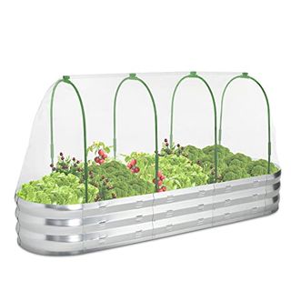 Potey Raised Garden Bed With Greenhouse Galvanized Planter Box With 2 Greenhouse Cover for Outdoor Gardening Garden Box for Fruit, Vegetable, Flower, Herbs and Strawberry Plant