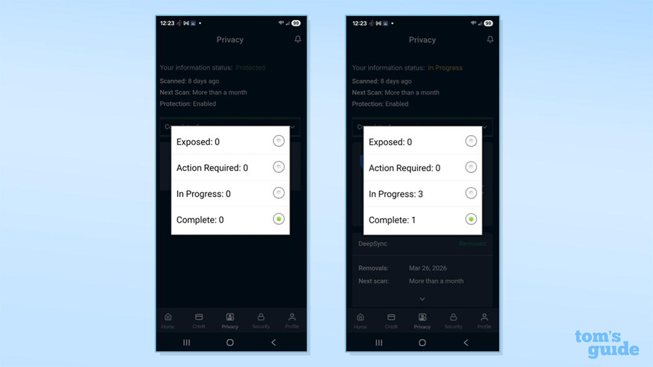 اسکرین شات یک مکث کوچک قبل از نمایش داده های صحیح در منوی کشویی در تب Privacy نشان می دهد.