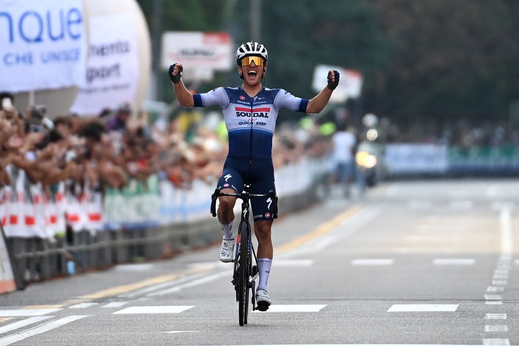 VARESE ITALY OCTOBER 03 Ilan Van Wilder of Belgium and Team Soudal Quick Step celebrates at finish line as race winner during the 102nd Tre Valli Varesine 2023 a 19654km one day race from Busto Arsizio to Varese on October 03 2023 in Varese Italy Photo by Tim de WaeleGetty Images