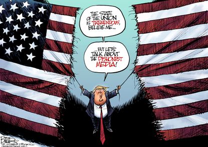 Political Cartoon U.S. America falling apart Trump State of the Union dishonest media