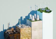 Digital generated image of sustainable growing bar chart made out of cubes and multiple environments showing transforming process from coal industry to green energy. Sustainability data concept.