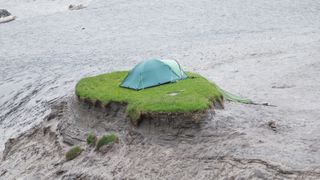 where not to camp: tent on a muddy island