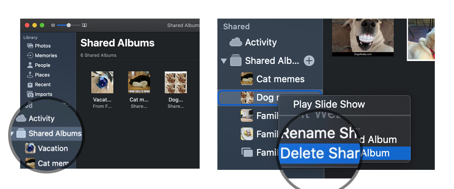 Delete a Shared Photo Album on macOS by showing steps: Launch Photos, Right-click on Shared Photo Album, Selete Shared Album