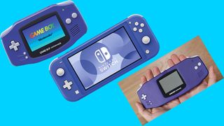 Nintendo Gameboy Advance, Nintendo Switch Blue and the modded Gameboy advance, the Wideboy, on a blue background