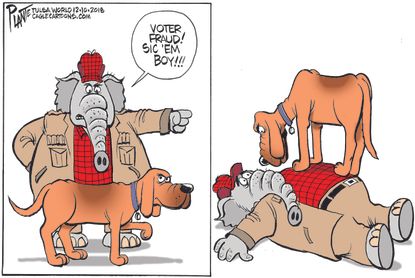 Political cartoon U.S. hunt for voter fraud Republican party 2018 midterm elections