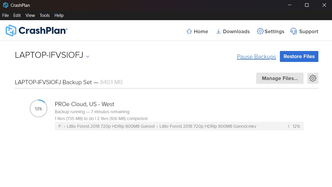 Backup in progress on CrashPlan