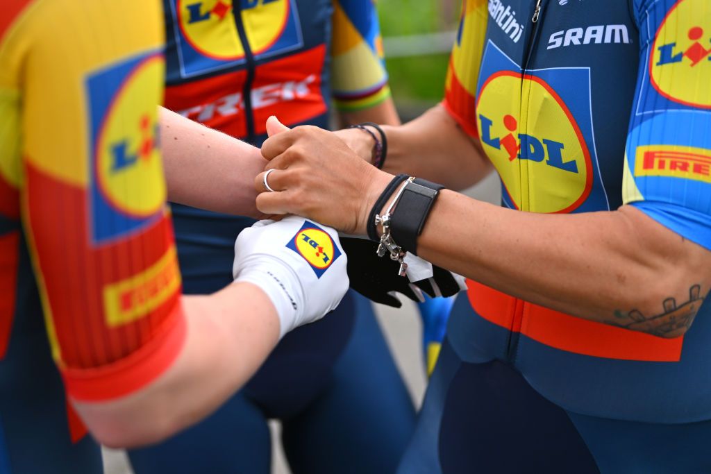 DENAIN FRANCE APRIL 06 Gloves detailed view of Team Lidl Trek prior to the 4th ParisRoubaix Femmes 2024 a 1485km one day race from Denain to Roubaix on UCIWWT April 06 2024 in Denain France Photo by Luc ClaessenGetty Images