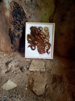 ANOHNI artwork, hair in frame amid rubble